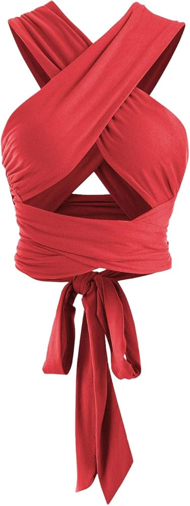 ZAFUL Women's Ribbed Halter Crop Top Criss Cross Ruched Lace-up Cami Bandana Top Cropped Tank Top | Amazon (US)
