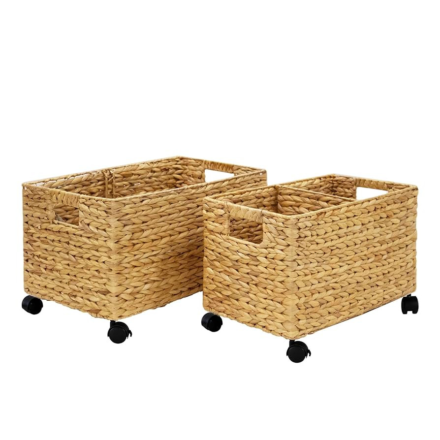 PEMAR Set 2 Nesting Natural Wicker Rolling Storage Baskets on Wheels w Insert Handles, Under Tabl... | Amazon (US)