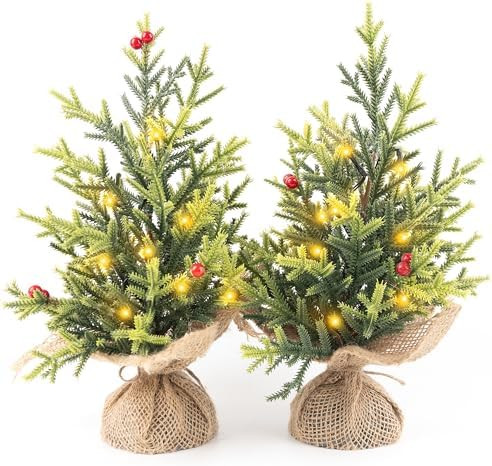 Set of 2 Mini Christmas Tree, 12 in Pre-lit Tabletop Xmas Decorations with 8 Warm LED Lights, Bat... | Amazon (US)