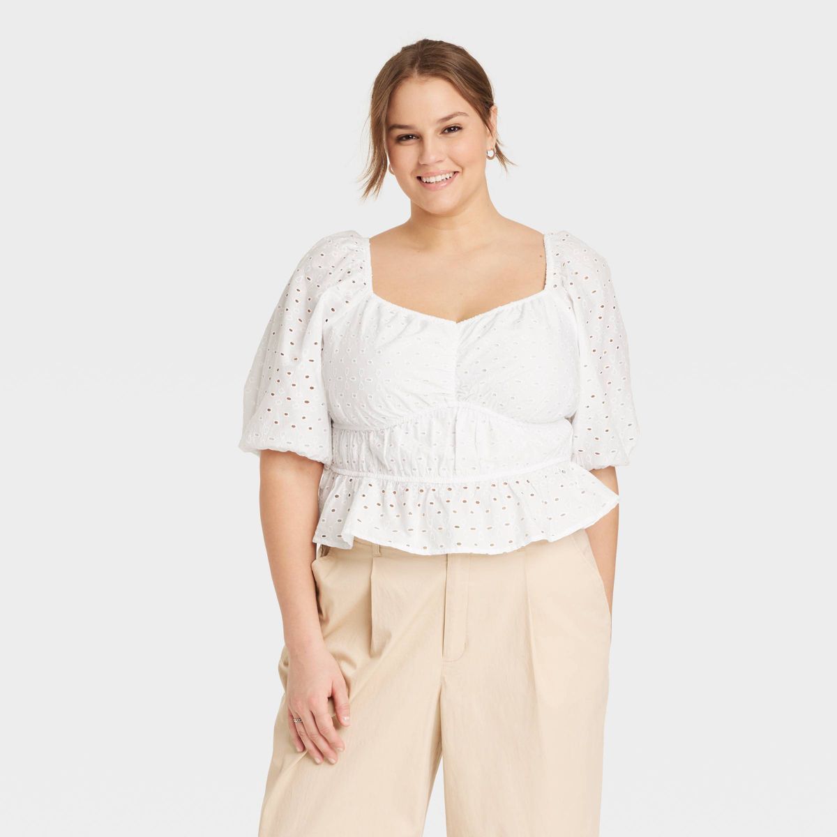 Women's Puff Elbow Sleeve Eyelet Shirt - A New Day™ | Target
