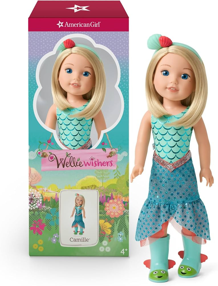 American Girl WellieWishers 14.5-inch Camille Doll with Blue Leotard, Mermaid Skirt, Headband, an... | Amazon (US)