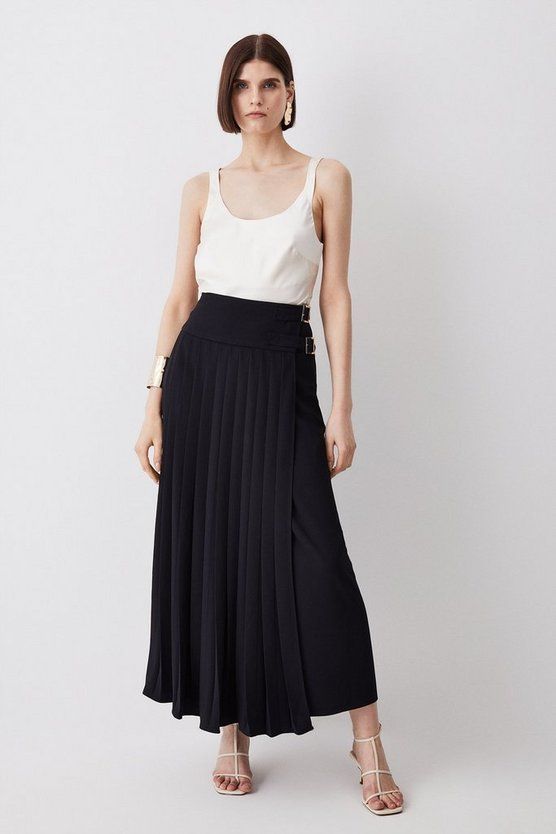 Tailored Crepe Buckle Detail Pleated Midaxi Skirt | Karen Millen UK + IE + DE + NL