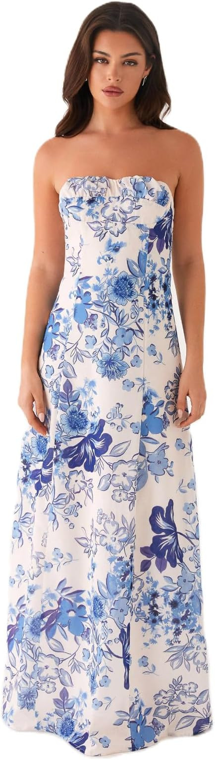 LYSINK Women Floral Long Tube Bandeau Dress Y2k Strapless Sexy Off Shoulder Backless Bodycon Maxi... | Amazon (UK)