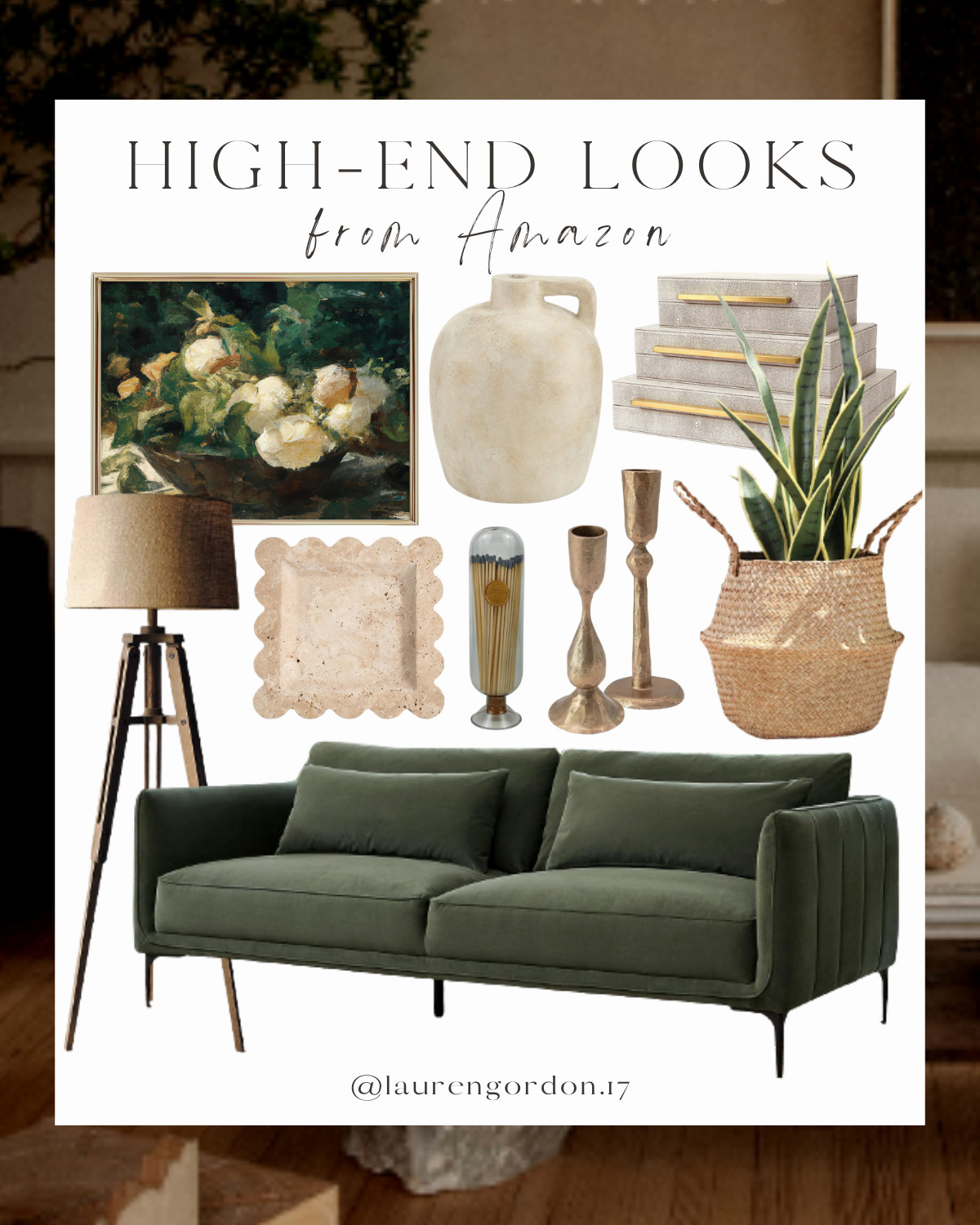 Living room decor, modern wood floor lamp, framed art, beige clay vase, marble tray, taper candle... | Amazon (US)