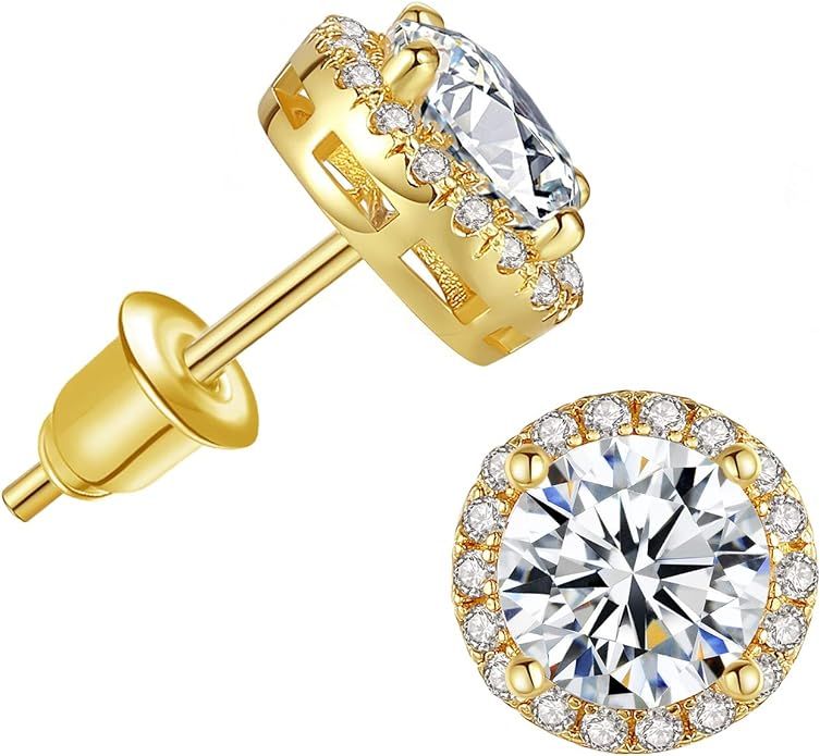 Gold Cubic Zirconia Stud Earrings - 14k Gold Plated Halo Stud Earrings for Women | Amazon (US)