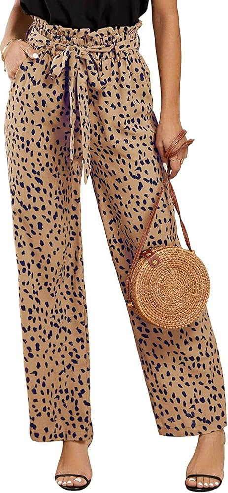 SySea Womens High Waisted Leopard Print Palazzo Pants Belted Wide Leg Long Trousers with Pockets | Amazon (US)