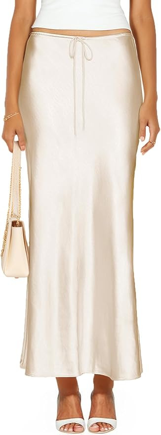 Women's Drawstring Satin Maxi Skirt High Waist Silk A Line Flowy Long Skirts | Amazon (US)