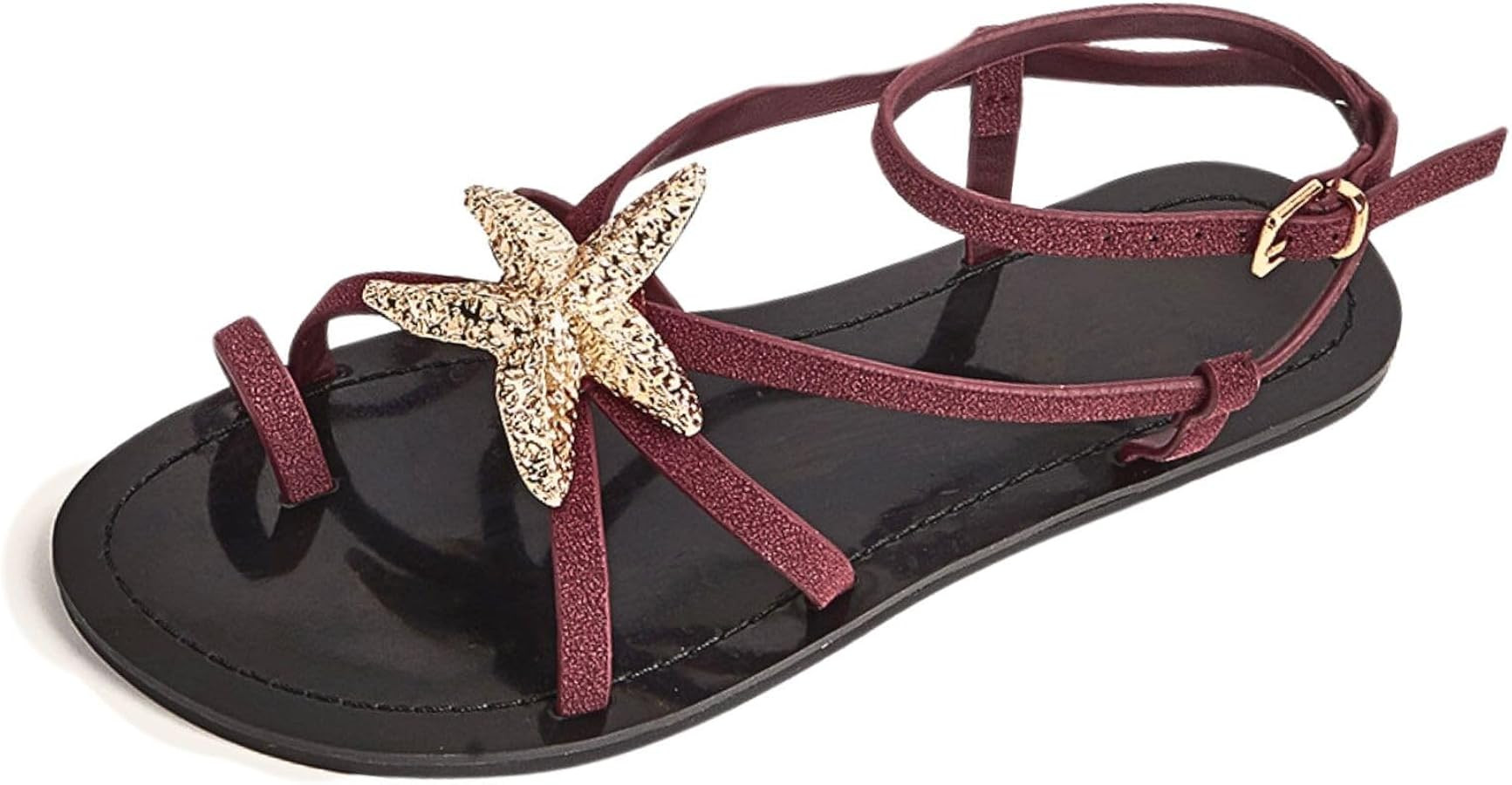 Womens Strappy Flat Sandals with Ankle Strap, Metal Buckle Toe Ring Flip Flop Sandals Summer Beac... | Amazon (US)