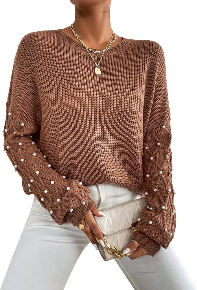SOLY HUX Sweaters for Women Pearls Beaded Drop Shoulder Long Sleeve Pullover Tops | Amazon (US)