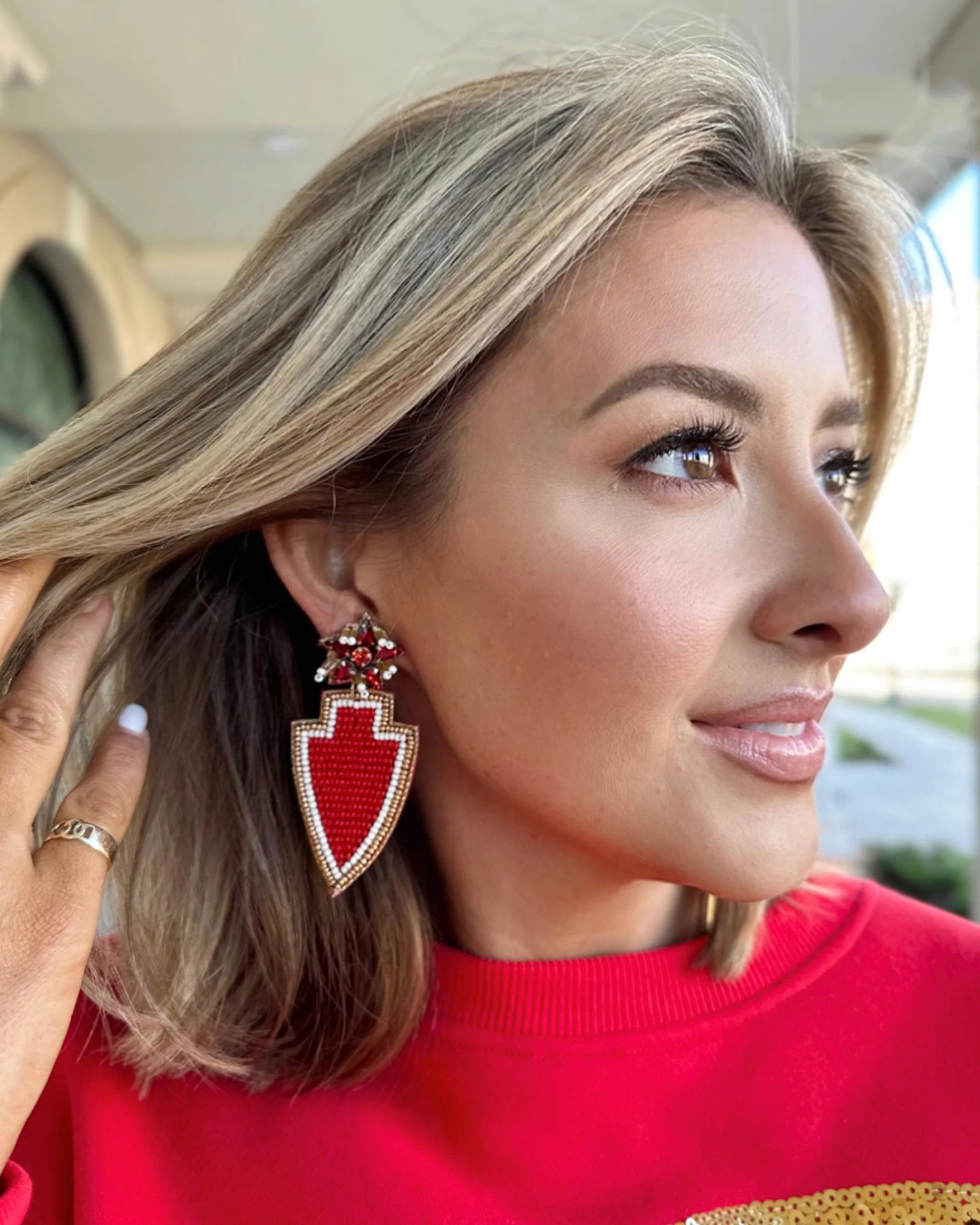 Red/Gold Beaded Arrowhead Earrings | Live Love Gameday®