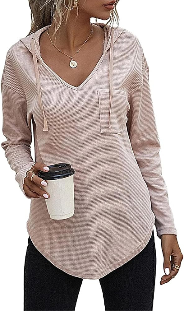 Women's V Neck Hoodies Long Sleeve Sweatshirt Drawstring Pullover Tops with Pocket | Amazon (US)