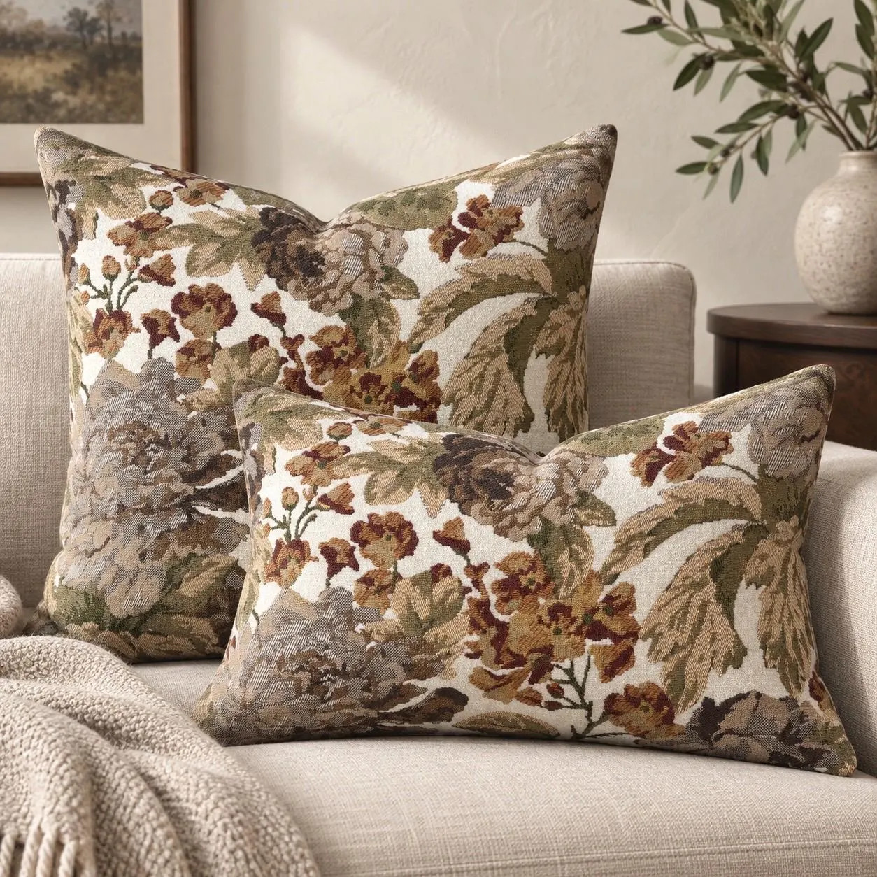 Neutral Floral Tapestry Pillow Cover, Woven Jacquard Cushion, Cottagecore Home Decor | Etsy (Global)