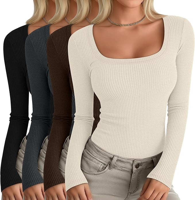 4 Pack Women's Long Sleeve Shirts Scoop Neck Ribbed Knit Tops Casual Slim Fitted Cotton Tees Fall... | Amazon (US)
