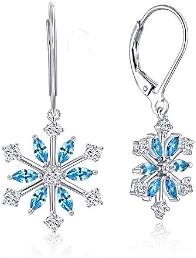JO WISDOM 925 Sterling Silver White/Blue CZ Snowflake Leverback Earrings Drop & Dangle Earrings | Amazon (US)
