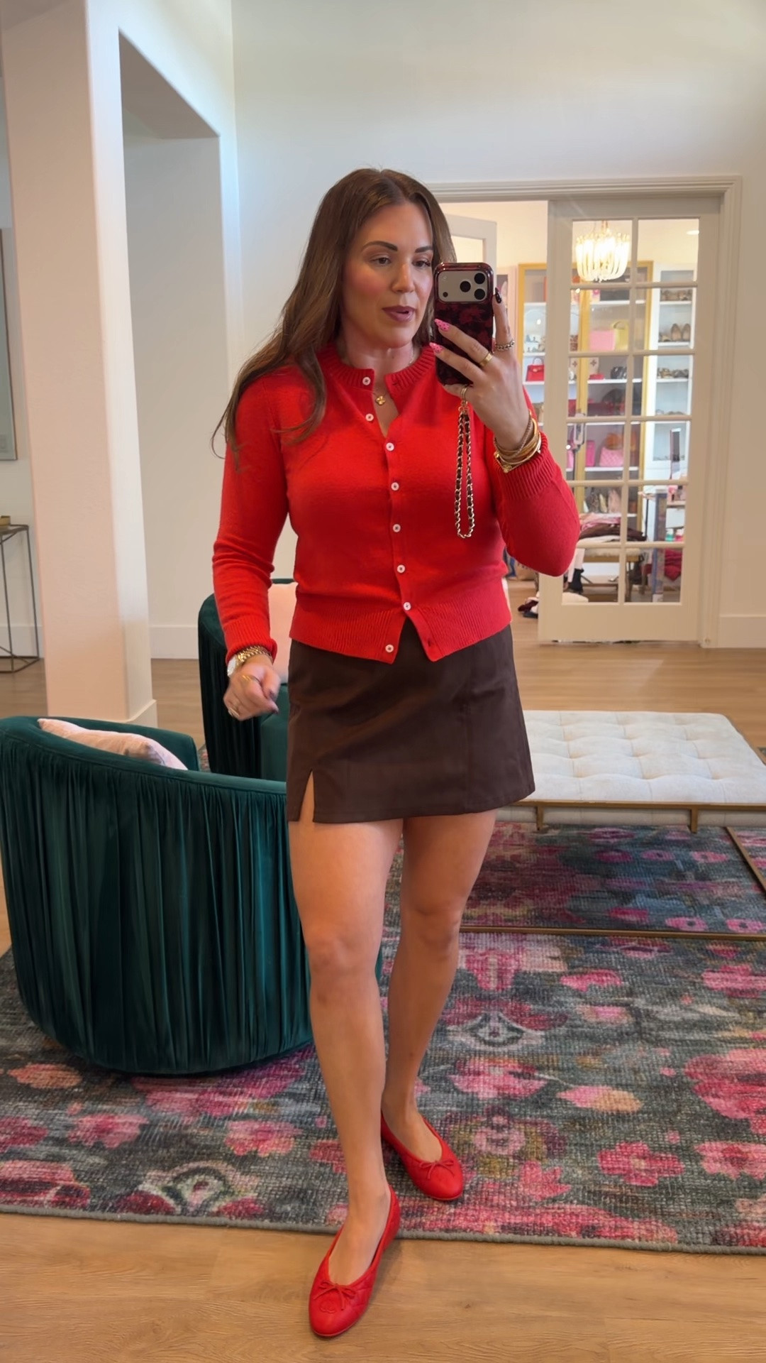 curvy midsize fall outfit! wearing size medium in cropped red cardigan and size medium in faux suede chocolate brown mini skirt 🤎 loveee the leopard triangle scarf! full outfit is 40% off

#LTKSeasonal #LTKMidsize #LTKSaleAlert