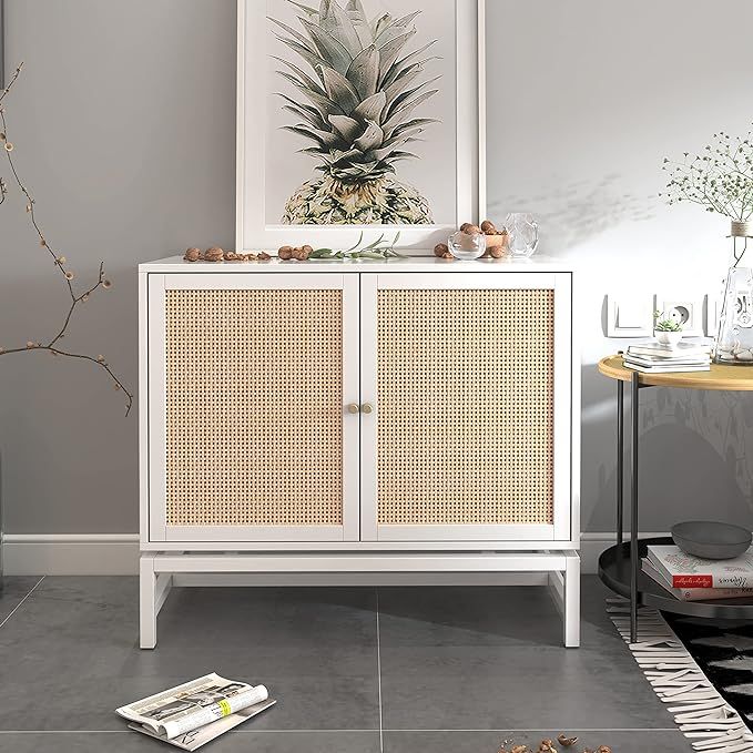ZeHuoGe White Sideboard Buffet Side Cabinet Rattan Cupboard with Natural Rattan, 2-Tier Storage C... | Amazon (US)