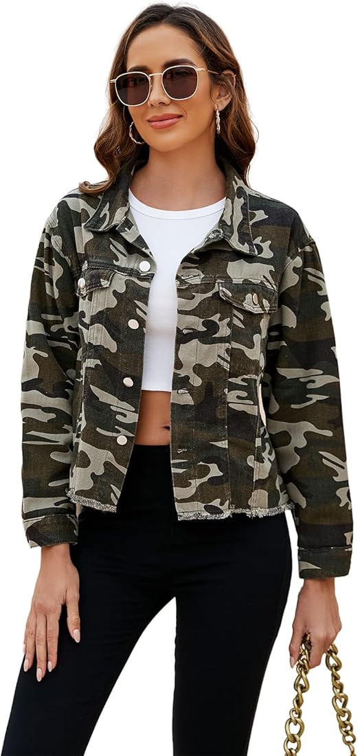 LONGBIDA Women's Jean Jacket Frayed Washed Button Up Cropped Denim Jacket With Pockets(Camouflage... | Amazon (US)