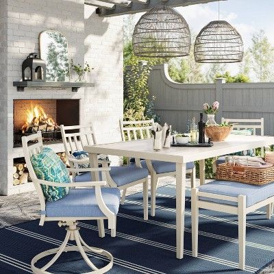 Fairmont Steel Patio Dining Table Set - White with Chambray Cushions - Threshold™ | Target