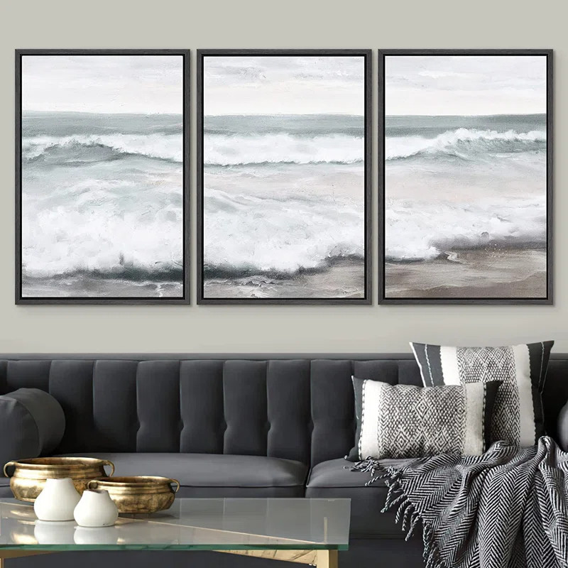 Ocean Sea Wave Beach Shore Seascape Nature Wilderness - 3 Piece Floater Frame Painting on Canvas | Wayfair North America