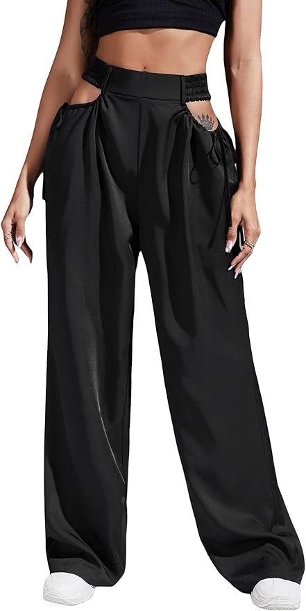 OYOANGLE Women's Shirred Cut Out High Waist Casual Wide Leg Trousers Loose Size Long Pants | Amazon (US)