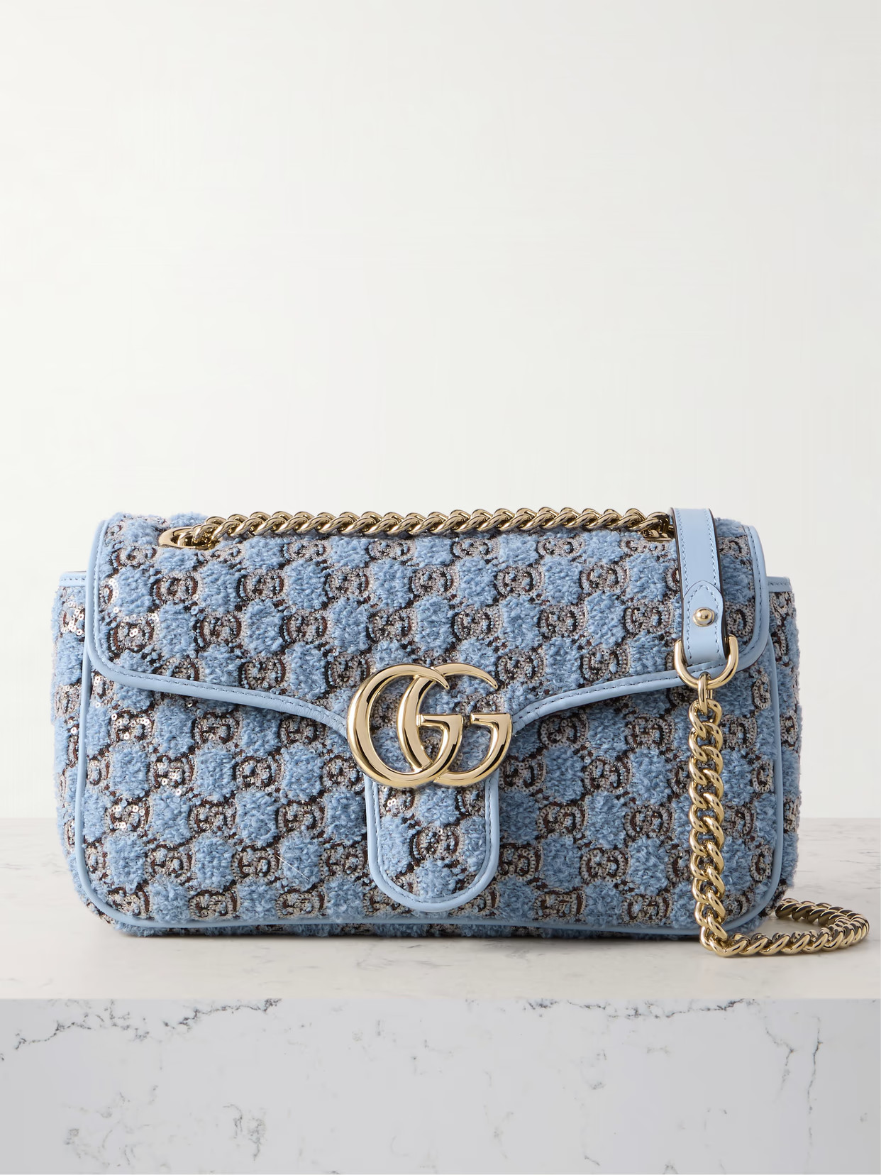 Gucci - Gg Marmont 2.0 Embellished Embroidered Leather-trimmed Bouclé Shoulder Bag - Blue | NET-A-PORTER (US)