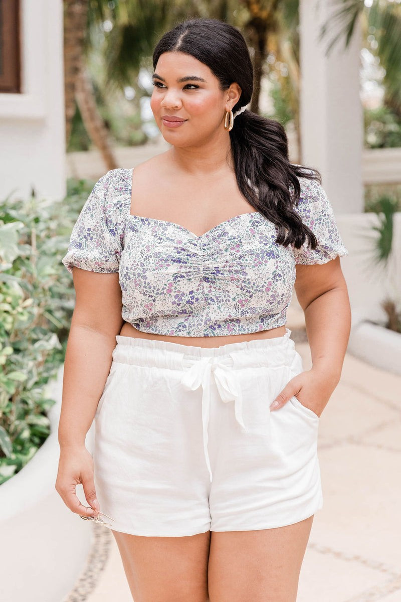 Given The Chance Purple Floral Cropped Twist Front Blouse | Pink Lily