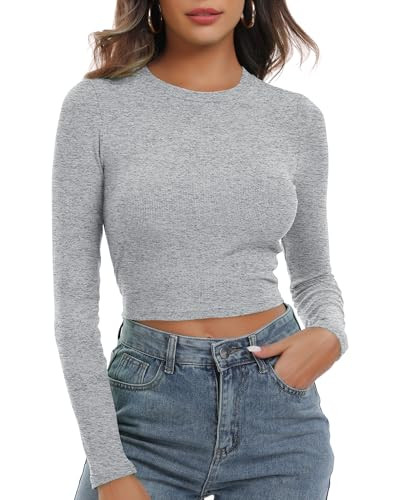 Artfish Women's Round Neck Long Sleeve Knit Ribbed Fitted Crop Top Casual Basic Shirts | Amazon (US)