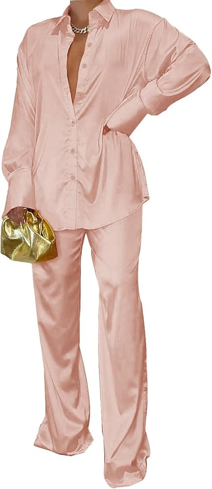 ECHOINE Satin Two Piece Outfits for Women - Silk Long Sleeve Button Down Wide Leg Loungewear Paja... | Amazon (US)
