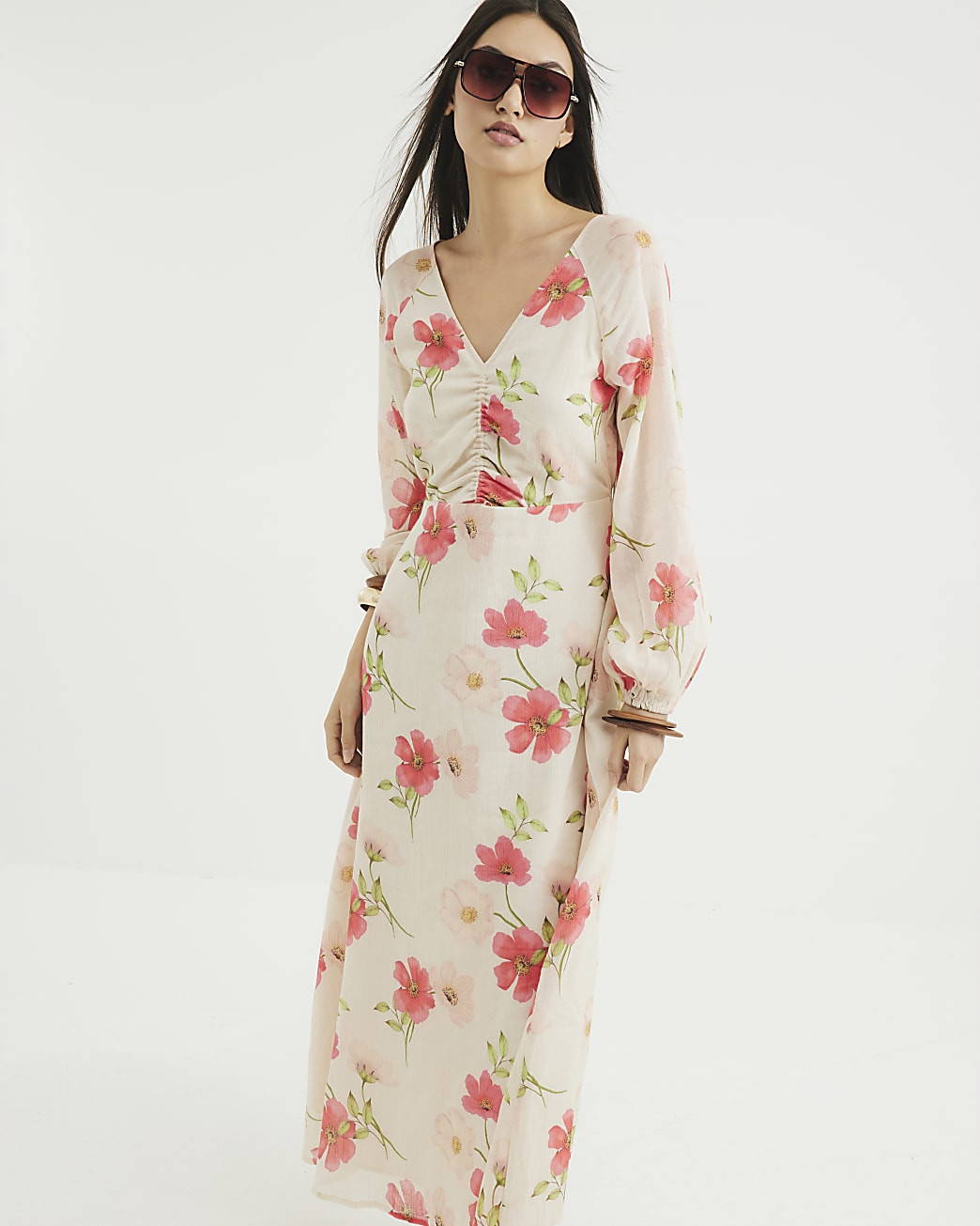 Cream V-Neck Floral Maxi Dress | River Island UK & IE