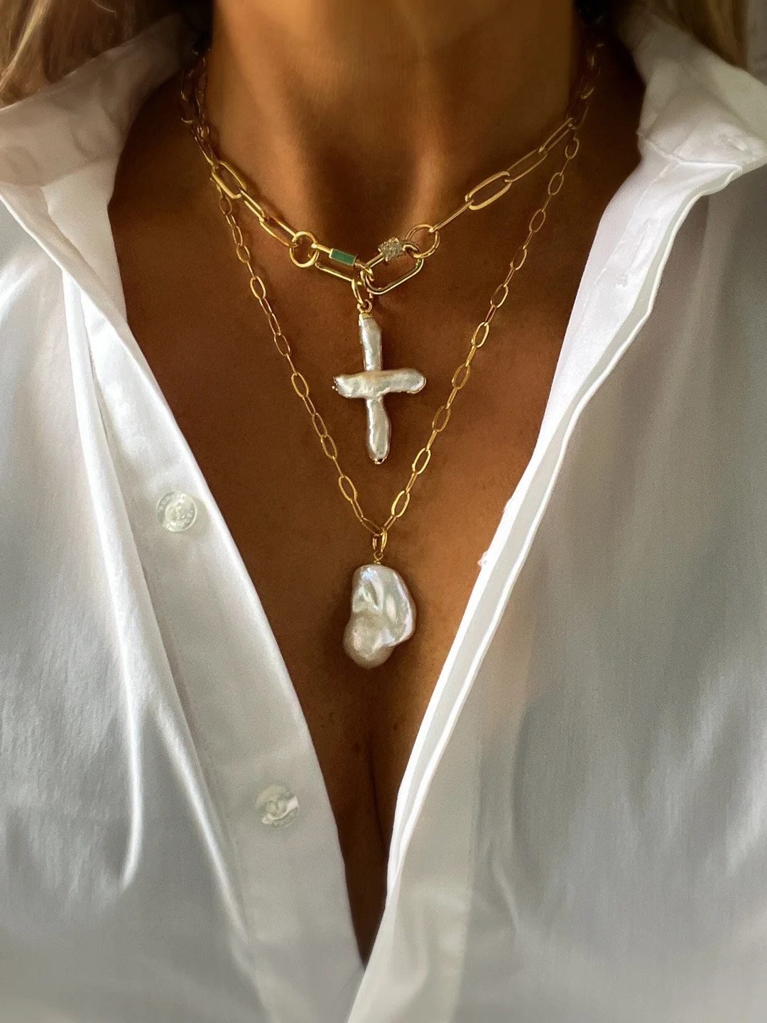 Gold pearl cross carabiner necklace,Pearl cross necklace, gold cross,pearl necklace,Screw clasp,C... | Etsy (US)