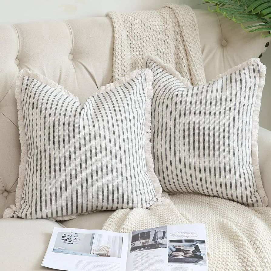 Hckot Throw Pillow Covers 18x18 Set of 2 Striped Pillow Covers with Fringe Chic Cotton Decorative... | Amazon (US)