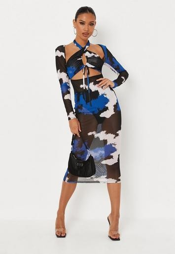 Missguided - Blue Tie Dye Mesh Wrap Front Midaxi Dress | Missguided (US & CA)