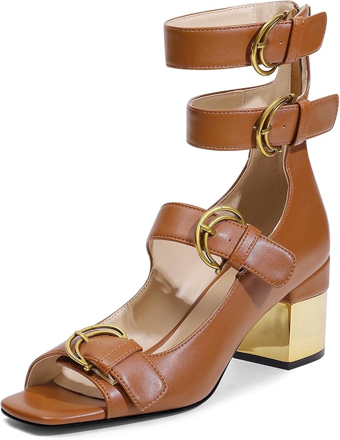 LOCERICH Womens Heeled Sandals Chunky Block Heels Open Toe Strappy Comfortable Ankle Strap Gold L... | Amazon (CA)