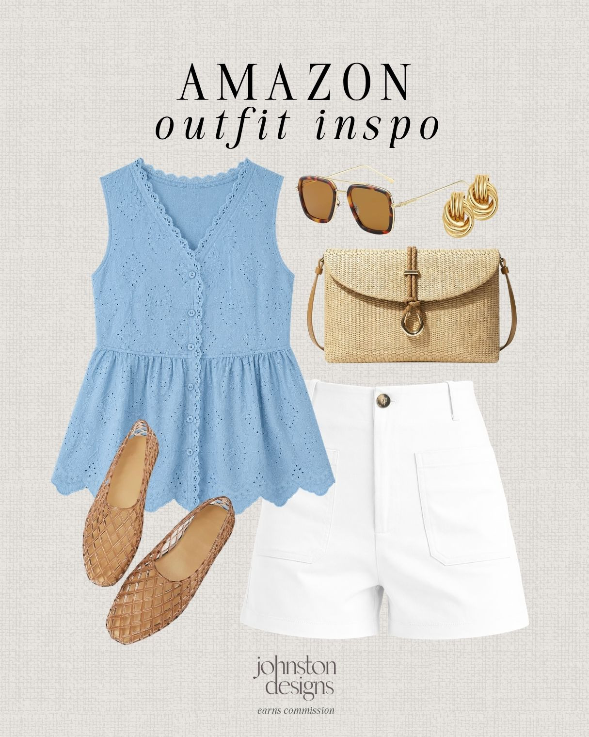 Amazon outfit inspo with a blue eyelet top, white shorts and neutral summer accessories. 🩵

Amazon outfit inspo, blue eyelet top, white shorts outfit, woven crossbody bag, jelly ballet flats, tortoise sunglasses, gold statement earrings, casual summer style, vacation outfit idea, warm weather outfit, affordable Amazon fashion, feminine summer look, neutral accessories, everyday summer style 

 #LTKootd #LTKSeasonal