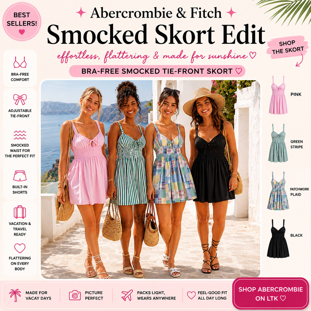 @abercrombie & Fitch Summer Chic | Bra-Free Smocked Tie-Front Skort Dresses

The Abercrombie skort dress you’ll want for every sunny plan ☀️ 

This bra-free smocked tie-front skort is such a good summer find if you want the look of a mini dress with the comfort and confidence of built-in shorts.

The smocked waist gives it that flattering, flexible fit, while the adjustable tie-front detail makes it feel feminine, easy, and vacation-ready.

What I love about this one is that it feels cute without being high-maintenance!!

It’s perfect for vacation days, beach walks, brunch, resort outfits, casual dinner plans, travel days, summer errands, and any warm-weather moment where you want to look put together fast.

The colors make this edit so fun to shop — pink feels soft and girly, green stripe feels fresh and coastal, patchwork plaid feels playful, and black feels classic.

Style with flat sandals, sneakers, raffia bags, sunglasses, gold jewelry, or a lightweight button-down for an easy beach-to-dinner look.

I did the digging for you — if you want an Abercrombie skort dress that feels flattering, packable, comfortable, and easy to wear on repeat, this is the one I’d check before the best-selling colors move.

📌 SAVE this for vacation outfits, summer skort dresses, and easy Abercrombie finds.

↓ Everything is linked!

#LTKxAbercrombie #LTKSaleAlert #LTKTravel