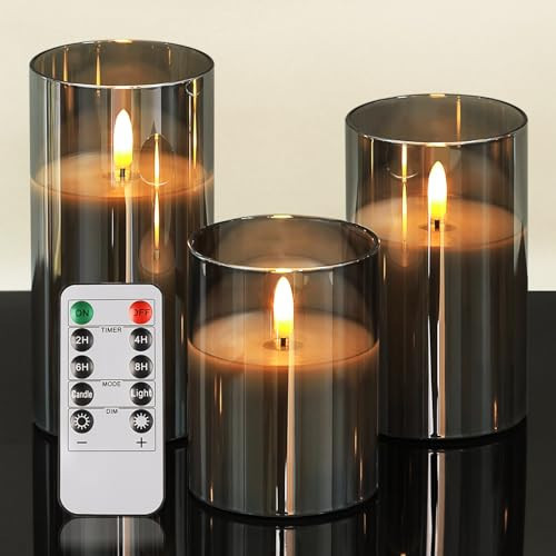 CREDTARNOS Flameless Candles with Remote, Gray Flickering Flameless Candles with Timer, Set of 3 Battery Operated Candles, Glass Led Candles for Home Fireplace Decor Wedding Festival Decor | Amazon (US)