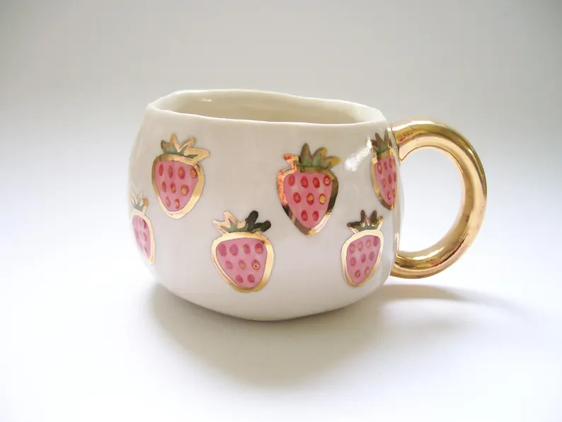 Pink Strawberry Mug with Gold | Etsy (Global)