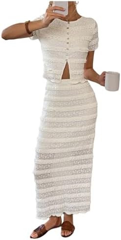 Verdusa Women's 2 Piece Set Boho Lace Tiered Button Up Crop Top with Bodycon Long Skirt Brunch Ou... | Amazon (US)