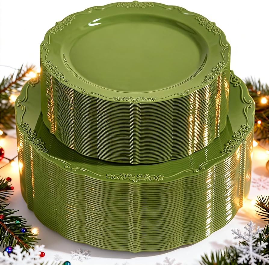 U-QE 100PCS Olive Green Plastic Plates - Plastic Green Plates Disposable Heavy Duty - Olive Dispo... | Amazon (US)