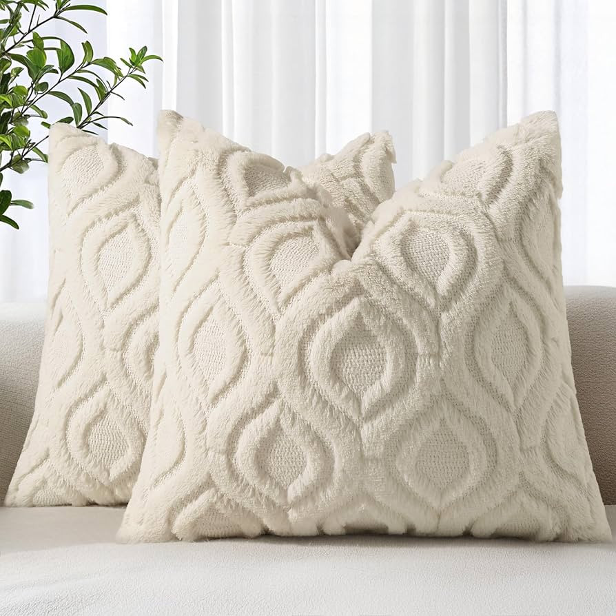 decorUhome Throw Pillow Covers 18x18 Inch Set of 2, Soft Plush Faux Wool Beige Solid Couch Pillow... | Amazon (US)