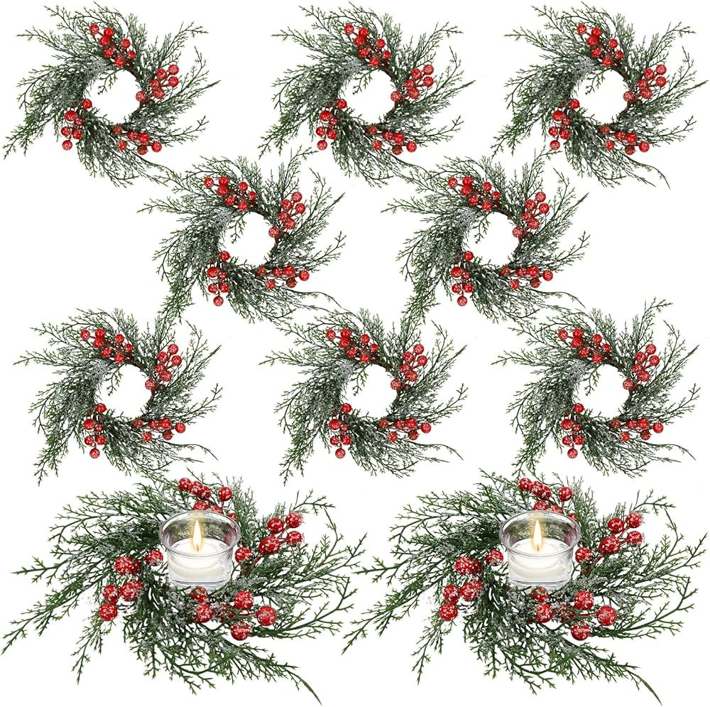 Christmas Candle Rings Wreath Artificial Candle Rings with Red Berry, Snowy Pine Garland Candle R... | Amazon (US)