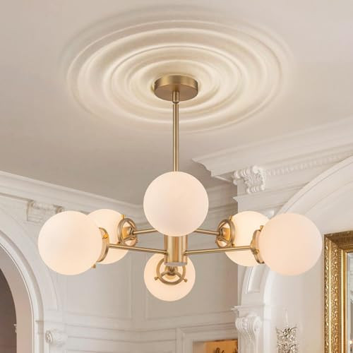 Zicbol 6-Lights Sputnik Chandeliers Gold Mid Century Modern Chandelier Fixture with Milk White Globe Glass, Dining Light Fixtures Ceiling Hanging for Living Room Bedroom Kitchen Island Foyer | Amazon (US)