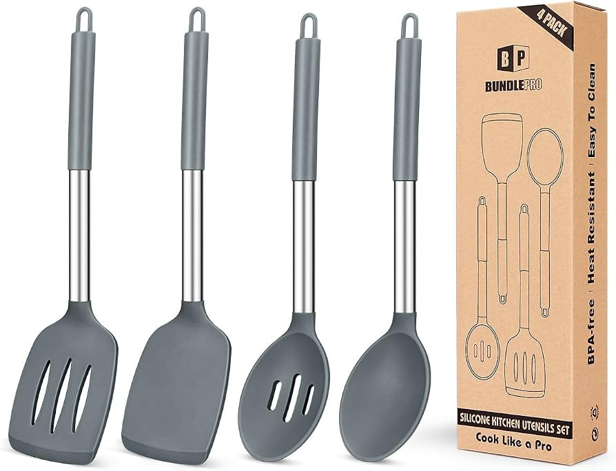 Set of 4 Large Silicone Cooking Utensils, Non Stick, Solid Spatulas, Heat Resistant, Black Slotte... | Amazon (UK)