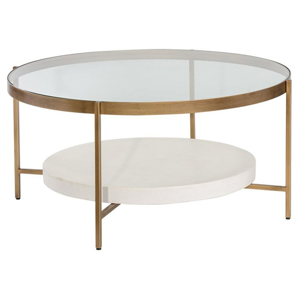 Sunpan Gia Regency Clear Glass Top Antique Brass Iron Frame Round Coffee Table | Kathy Kuo Home
