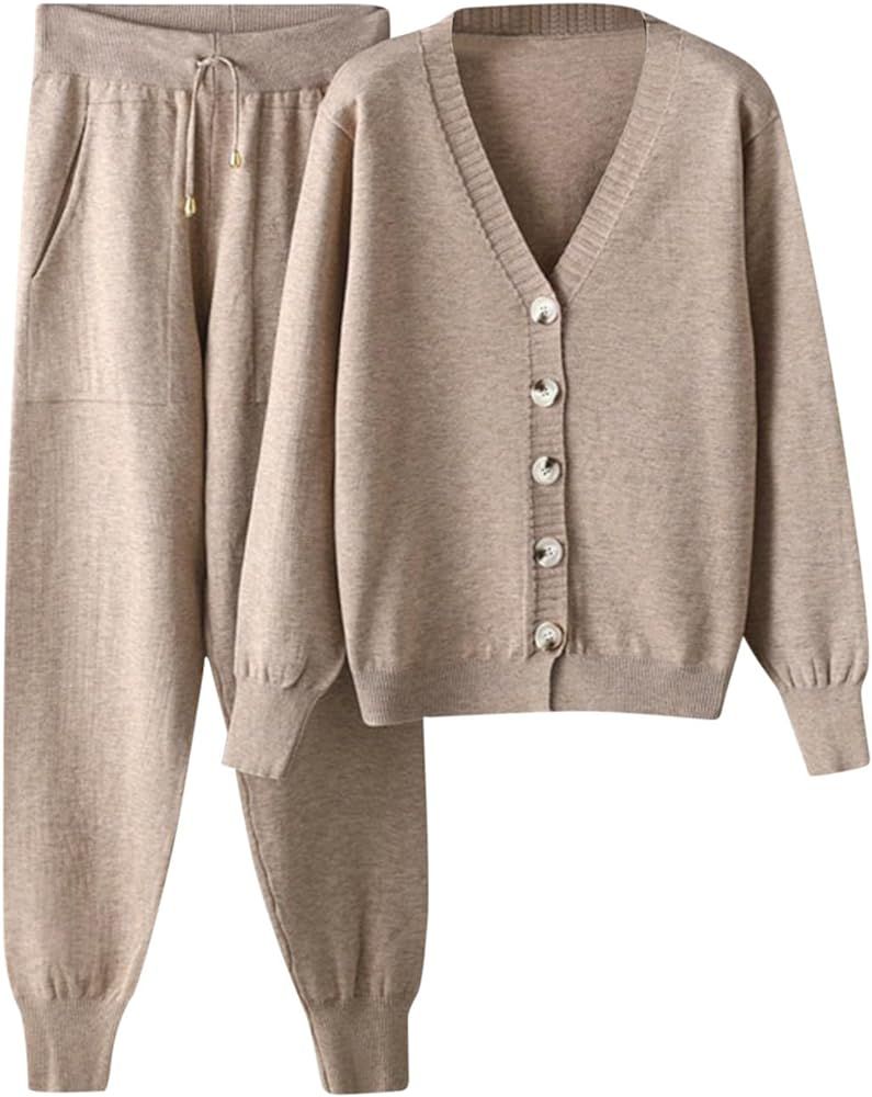 YAWOTS Women's Knit Pullover Sweater 2 Piece Set Long Sleeve Loose Top High Waist Wide Leg Pants ... | Amazon (US)