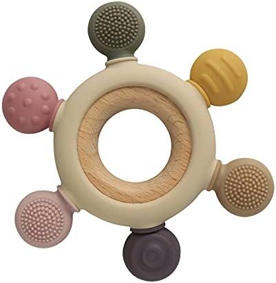 Arudyo Baby Teething Toys Silicone Teethers BPA Free Silicone Rudder with Wooden Ring Soothe Babi... | Amazon (US)