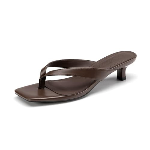 Athlefit Women's Kitten Heels Brown Flip Flops Square Toe Comfortable Low Heels Slip On Summer Heeled Thong Sandals Brown Size 6.5 | Amazon (US)
