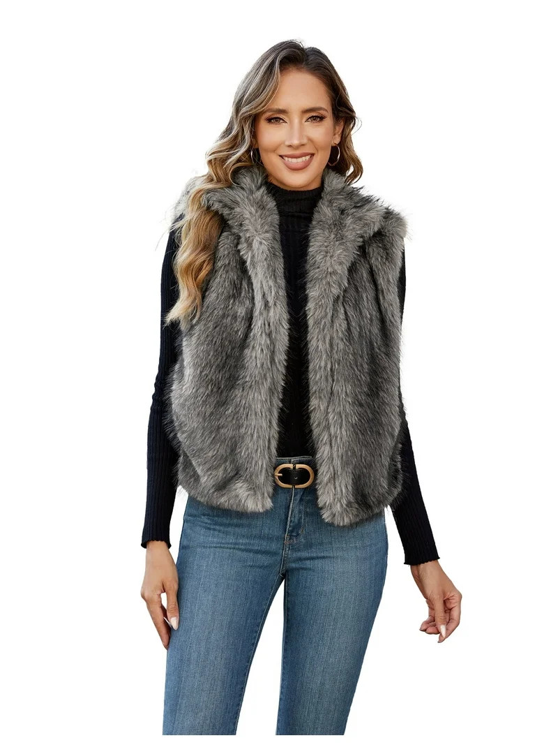 ieFashion Womens Faux Fur Vest Stand Collar Sleeveless Open Front Cardigan Top Fuzzy Coats Jacket... | Walmart (US)