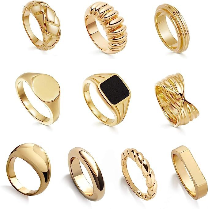 sloong 10pcs Classic Y2K Style Chunky Dome Ring Set 14k Gold Plated Ring Croissant Braided Twiste... | Amazon (US)