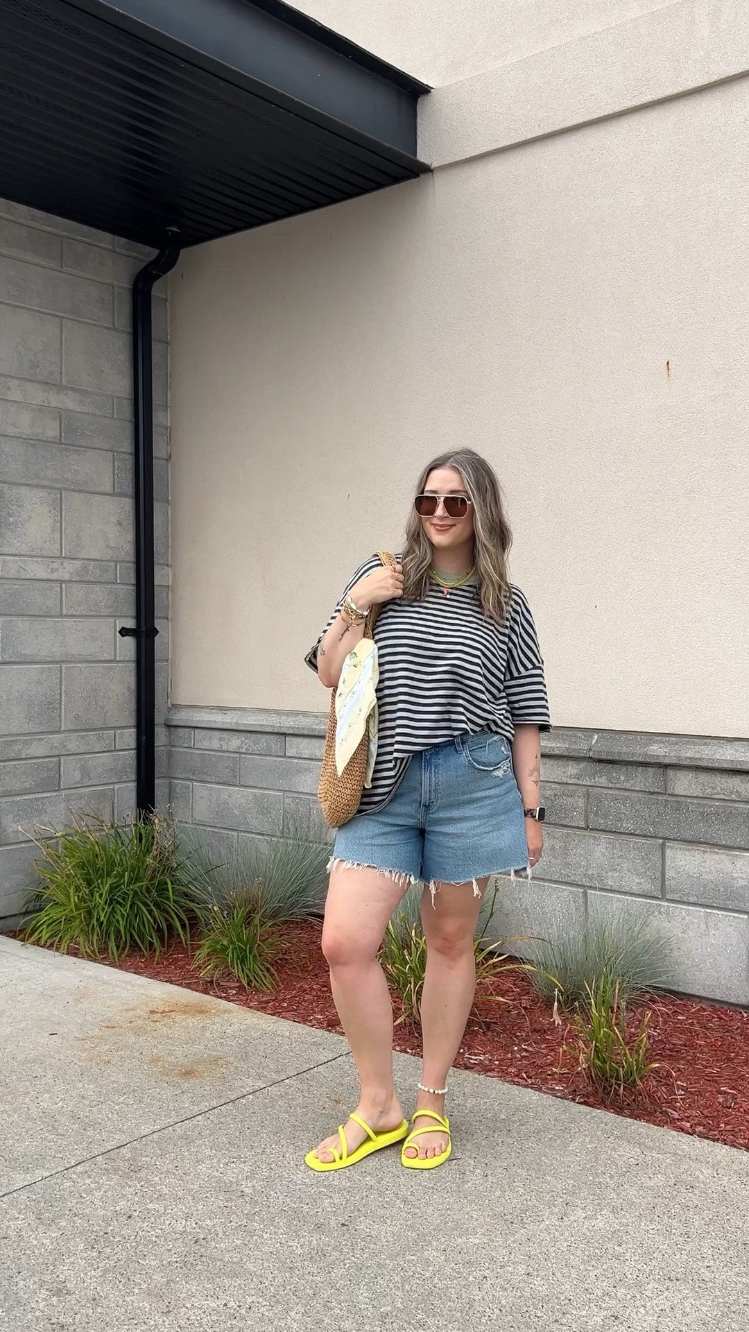 Comfy summer outfit! Wearing L in the striped tee, sized up to 32 in the denim shorts for a loose fit. I’m a 9.5-10 shoe and wear a 10 in the crocs sandals

#LTKsummer #LTKsale #LTKmidsize